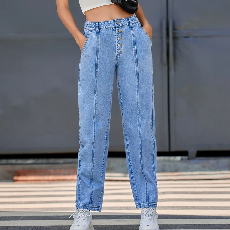 

Vintage Five Buttons High Waist Straight Jeans Women Blue Loose Denim Pants Full Length Denim Boyfriend Trousers Jeans 2020 New