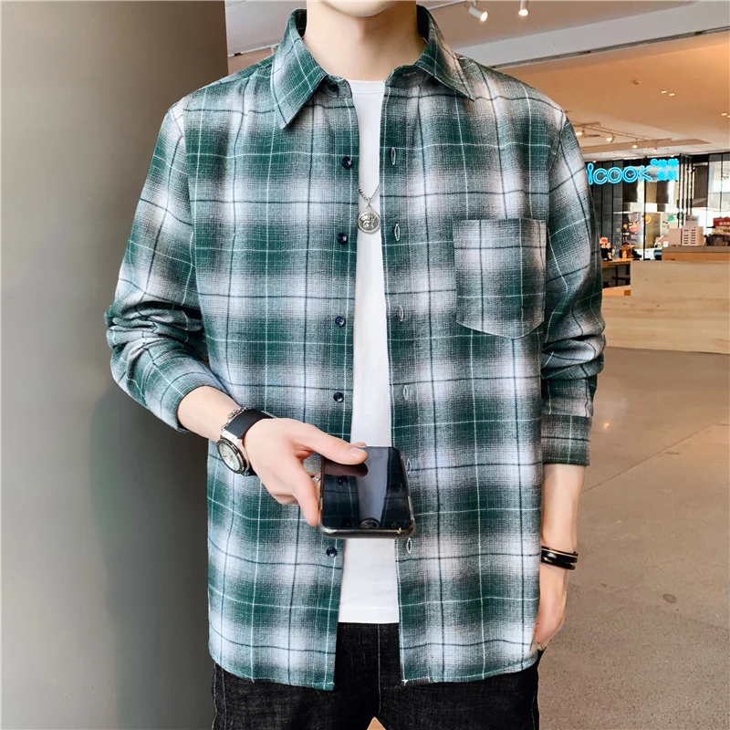 Рубашка мужская повседневная в клетку модная блуза с длинным рукавом стиле