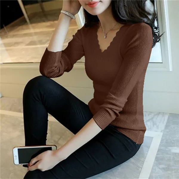 coffee Pull Femme Hiver, Осень-зима, вязаные женские свитера и пуловеры, v-образный вырез, длинный рукав, одноцветные, тонкие, женские топы, Chandail Femme - Цвет: coffee