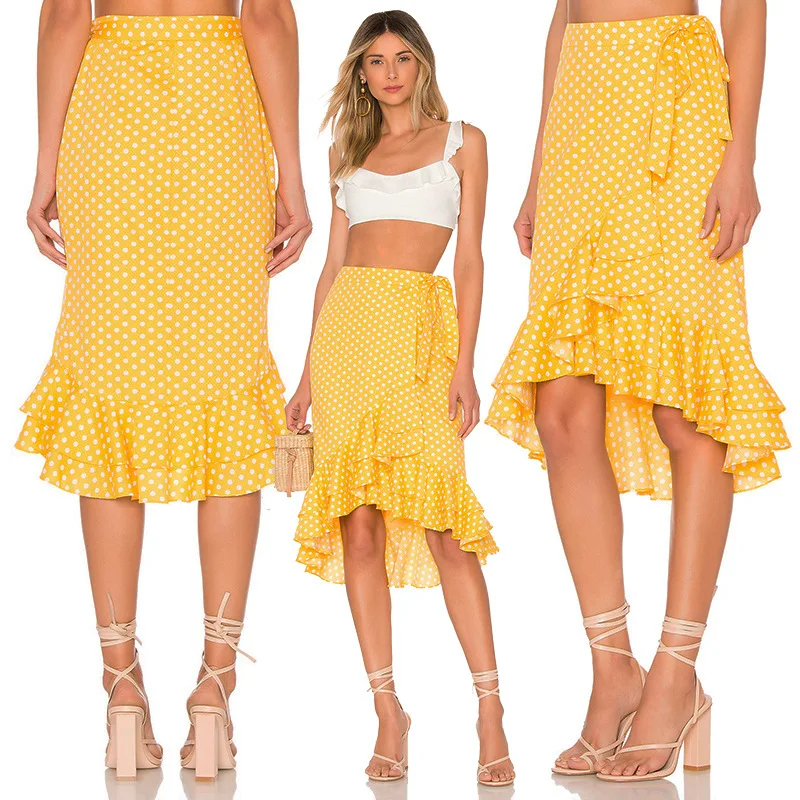 

2021 New Fashion Spring Summer Women Holiday Fashion Skirt Dot Printing Casual Yellow Female Outer Cute Clothes Skirt
