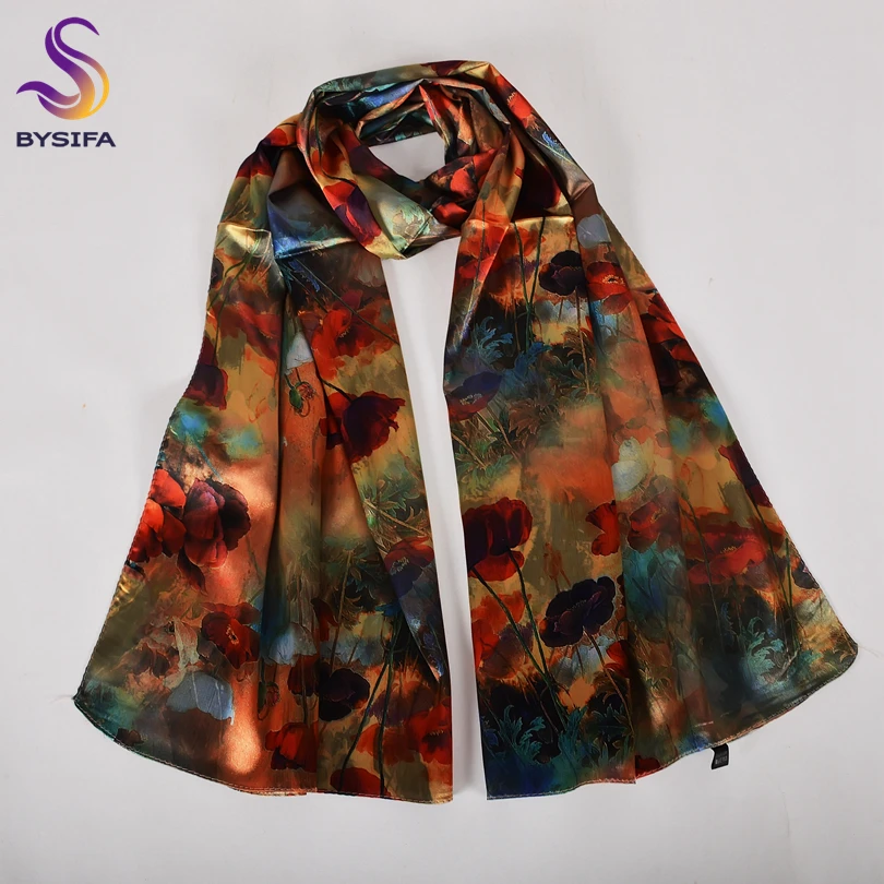 BYSIFA| Ladies Red Poppies Scarves Printed Fashion Elegant Satin Silk Long Scarf Shawl 2021 New Muslim Neck Head Scarves160*70cm |