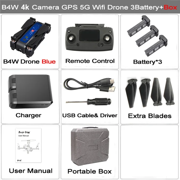Blue 4K 3BAT Case MJX Bugs 4W B4W gps Радиоуправляемый Дрон с камерой 4K HD бесщеточный Дрон складной 5G wifi FPV Квадрокоптер 1,6 км 25 минут оптический поток - Цвет: Blue 4K 3BAT Case