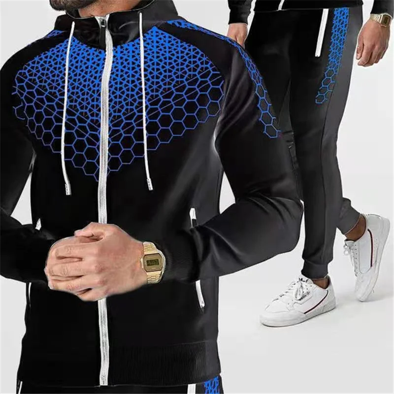 

BOLUBAO 2021 Autumn New Men's Tracksuit Sets Mesh Print Hooded Jacket+Pants Suit Jogging Casual Sportswear Sets Male