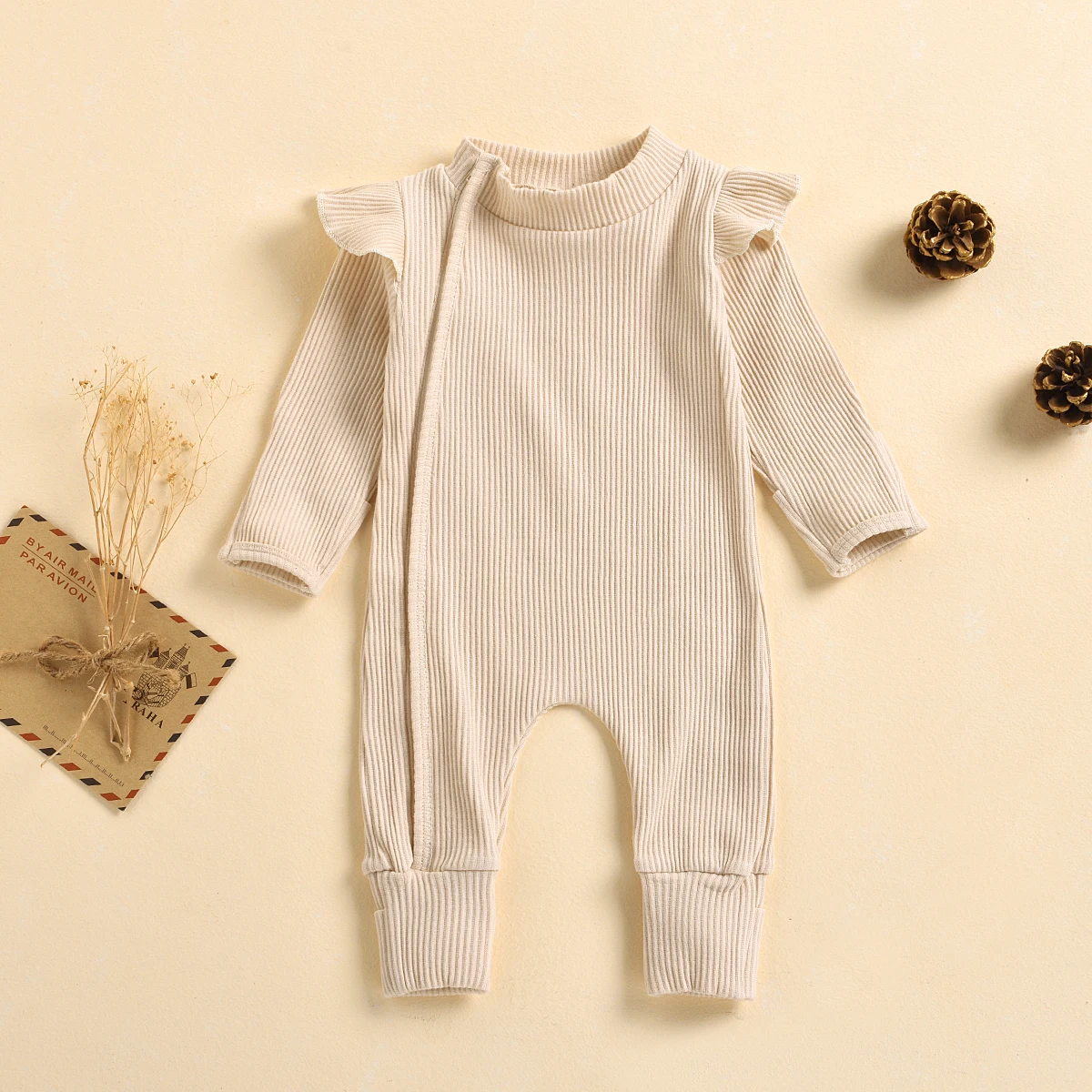 

Newborn Baby Long Sleeve Jumpsuit Autumn Fresh Solid Color One Piece Long Pants with Zipper