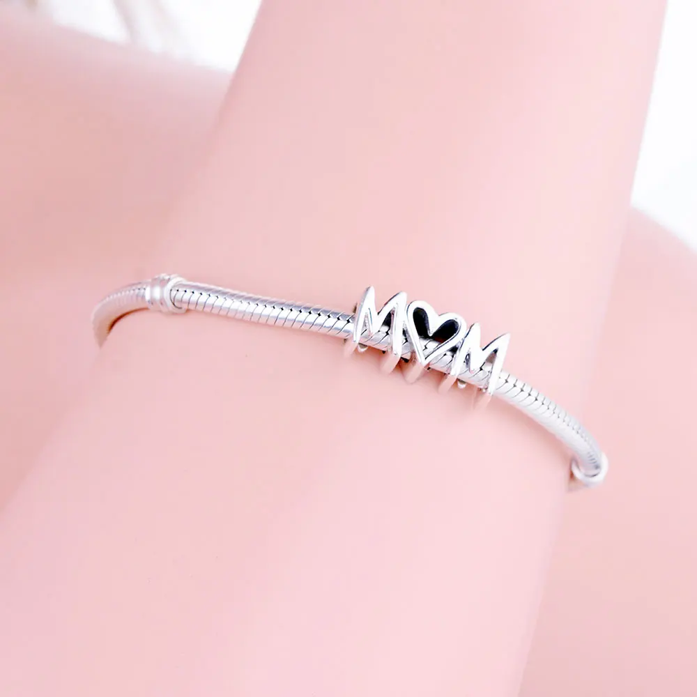 Подарок на день матери из стерлингового серебра 925 пробы с бусинами Love Mom Script Charm Fit