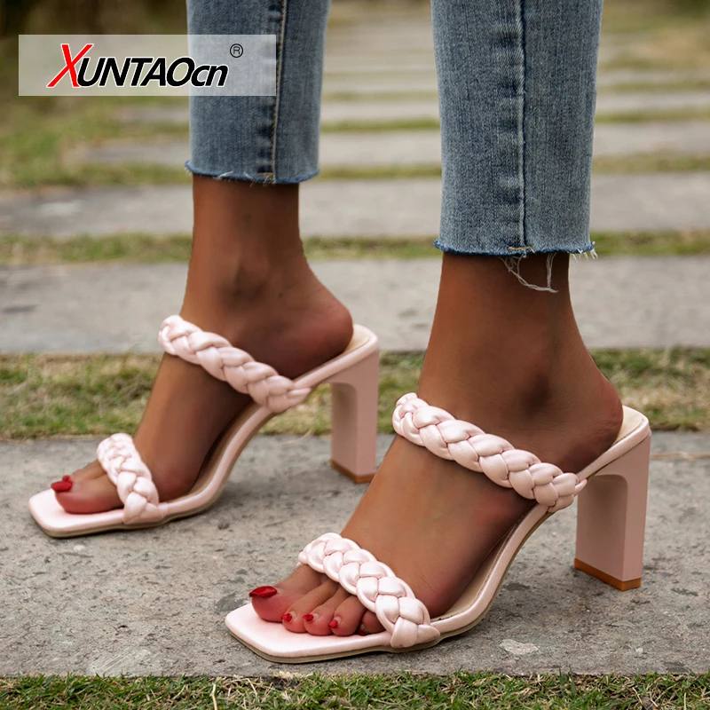 

Designer Slippers 2021 Fashion Pleated Female Sandals Sexy Open Toe High Heels Lady Pumps Dress Party Shoes Women Summer Slides
