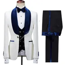 3 pçs blazer de casamento calças traje do noivo magro ajuste masculino ternos branco padrão jaqueta preta azul xale lapela veludo colete (3)