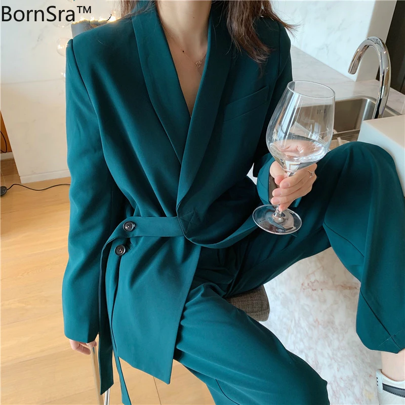 BornSra Vintage Two Pieces Set Women Blazer Lace Up Notched &amp Loose Pant Suits Female Trouser Suit 2020 | Женская одежда