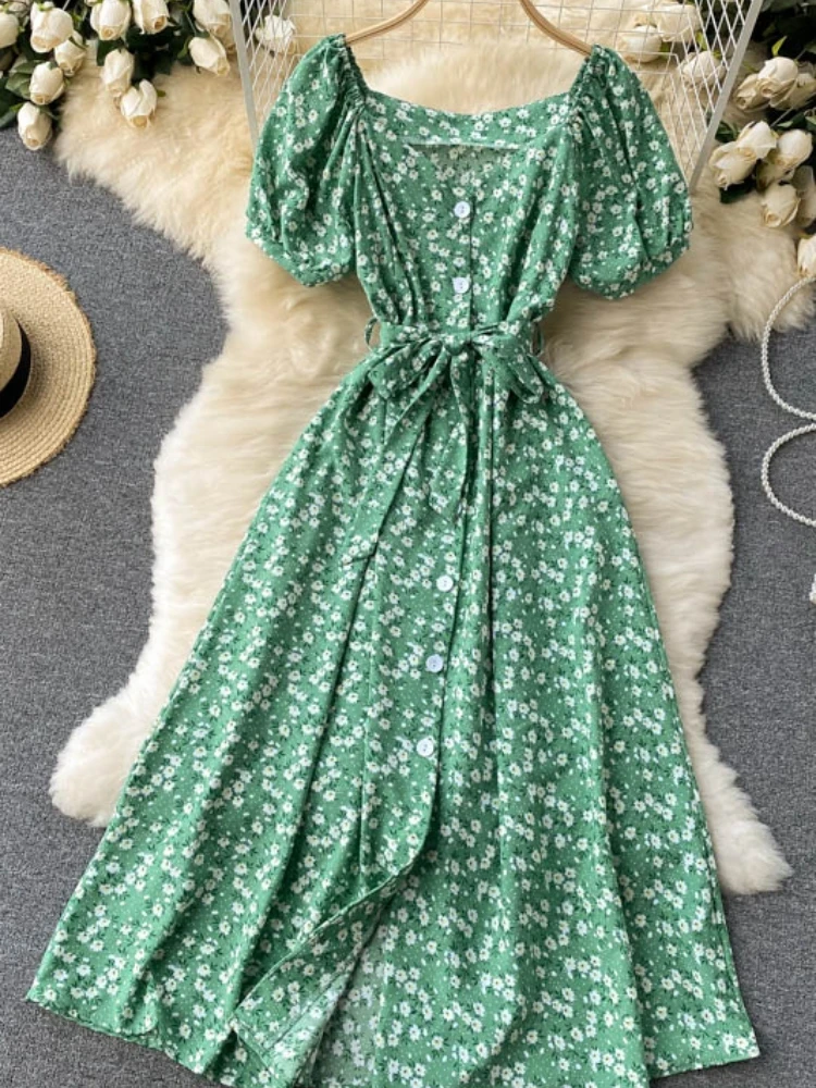 

Aibeautyer New Summer Casual Floral Print Slim Chiffon Lady Short Dress A Lien O Neck Puff Sleeve Single Breasted Women Dresses