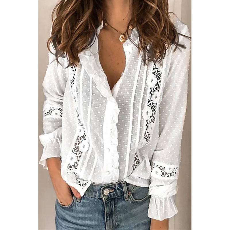 

Women Blouse Solid Elegant Shirt Spring Summer Fashion Hollow Out Lace Hollow Out Patchwork Striped Lady Long Sleeve White Tops
