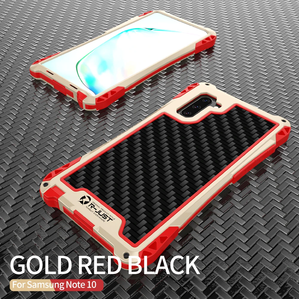 Gold Red Black R-JUST чехол для samsung Galaxy Note 10 Plus, Алюминиевый противоударный чехол из углеродного волокна для samsung Note 10 Plus S10 Shell - Цвет: Gold Red Black