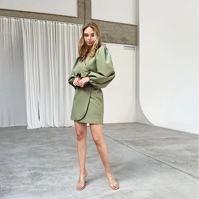 

Sexy Deep V-neck Women Robe Dress 2021 Autumn Spring Lantern Sleeve Irregular Design Mini Dress Party Casual Female Vestido