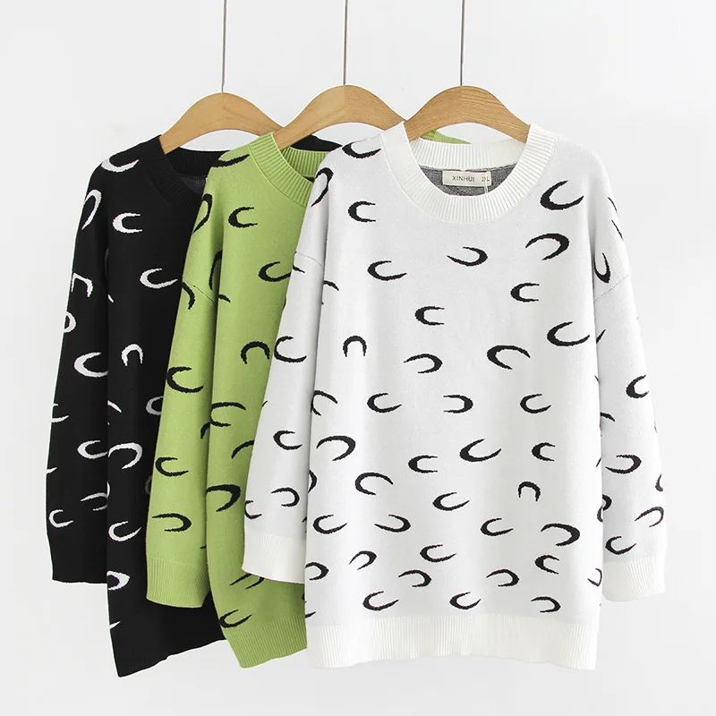 

Autumn Woman Sweaters Loose Jumper Jacquard Knitted Pullover O Neck Moon Pattern Female Winter Tops XXL/4XL