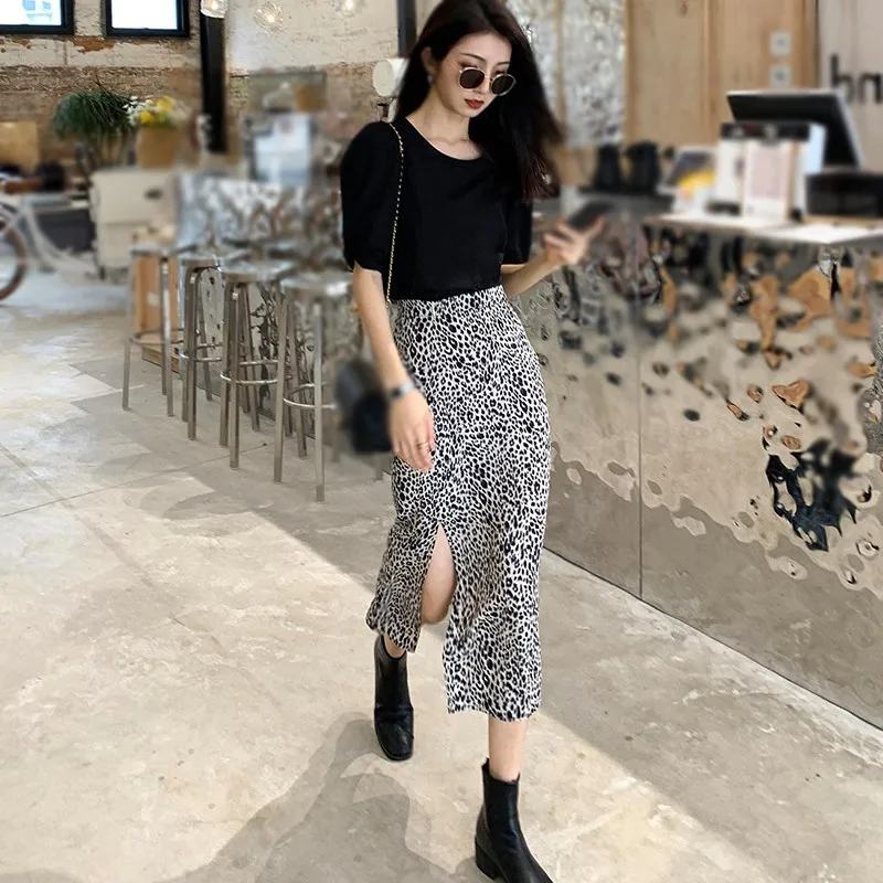 Женская юбка с леопардовым принтом Длинная тонкая разрезом сбоку и эластичным