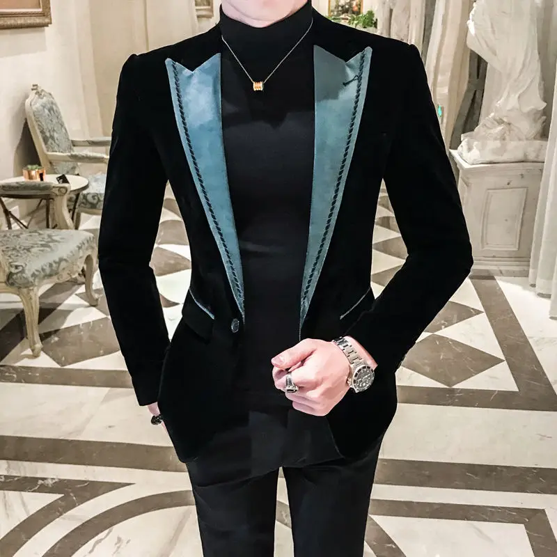 Замшевый костюм мужские Клубные блейзеры slim fit para caballero мужские Клубные костюмы куртки для вечеринок бархатный черный Стиль Блейзер с пайетками - Цвет: black