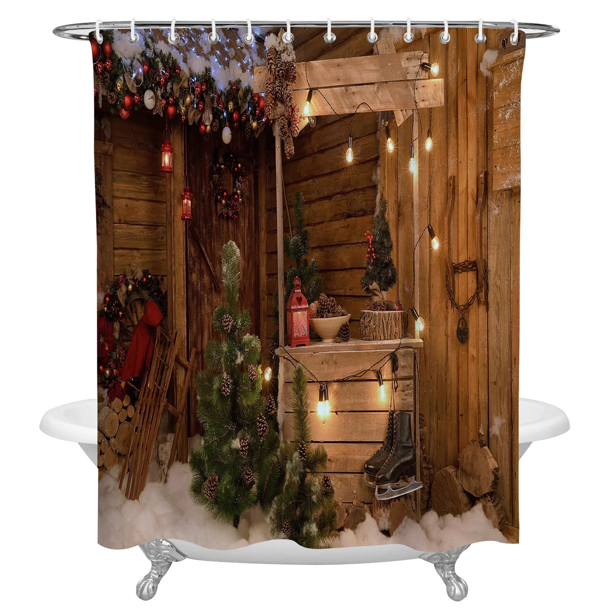 Деревянный дом Колокольчик для елки узор ванной занавеска Водонепроницаемый