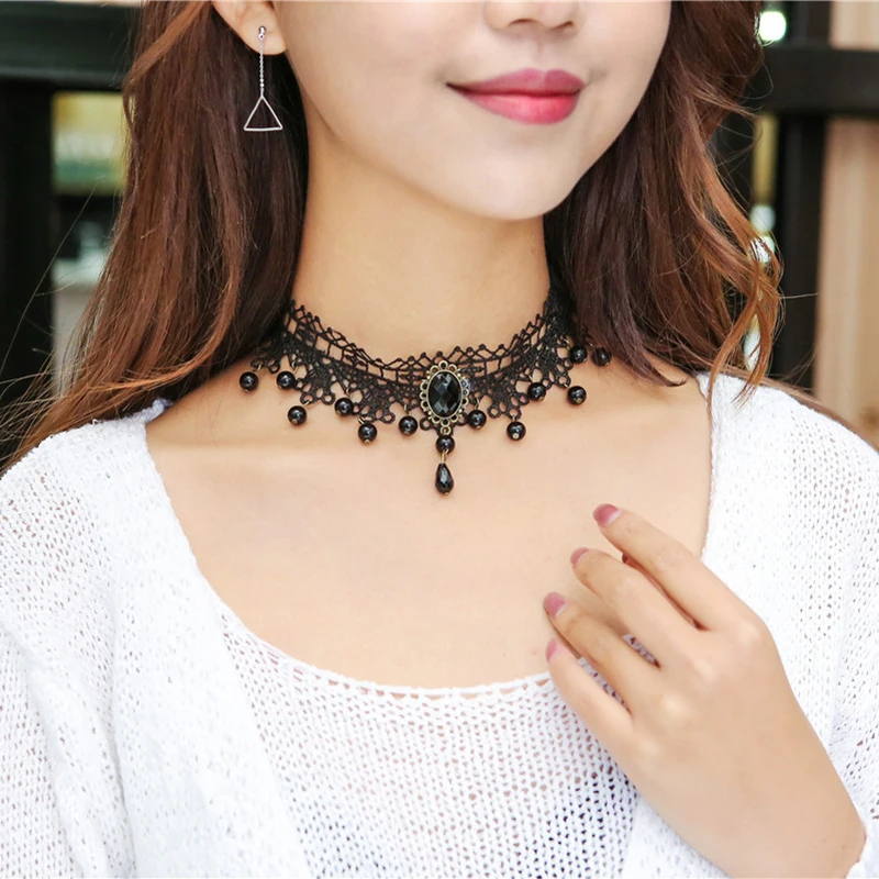Черное Кружевное ожерелье крючок цветок вода в форме капель кисточкой нагрудник