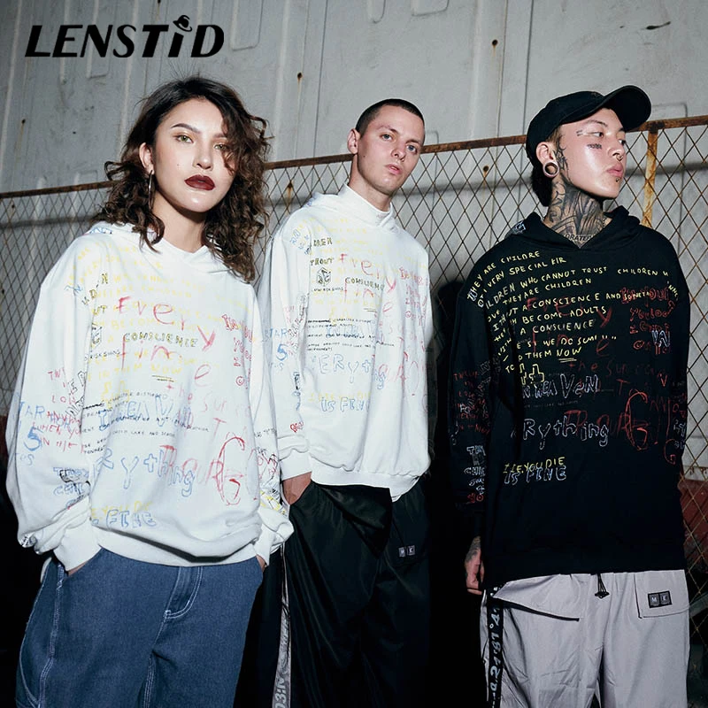 LENSTID 2020 Весна Харадзюку худи с граффити свитшоты мужские хип хоп пуловеры