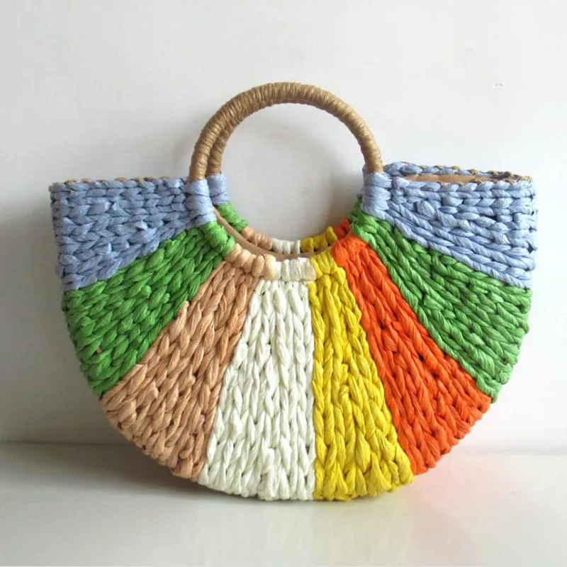 

Новая разноцветная Плетеная соломенная сумка, плоская полукруглая, новая плетеная Сумка, летняя пляжная сумка, универсальная сумка для отд...