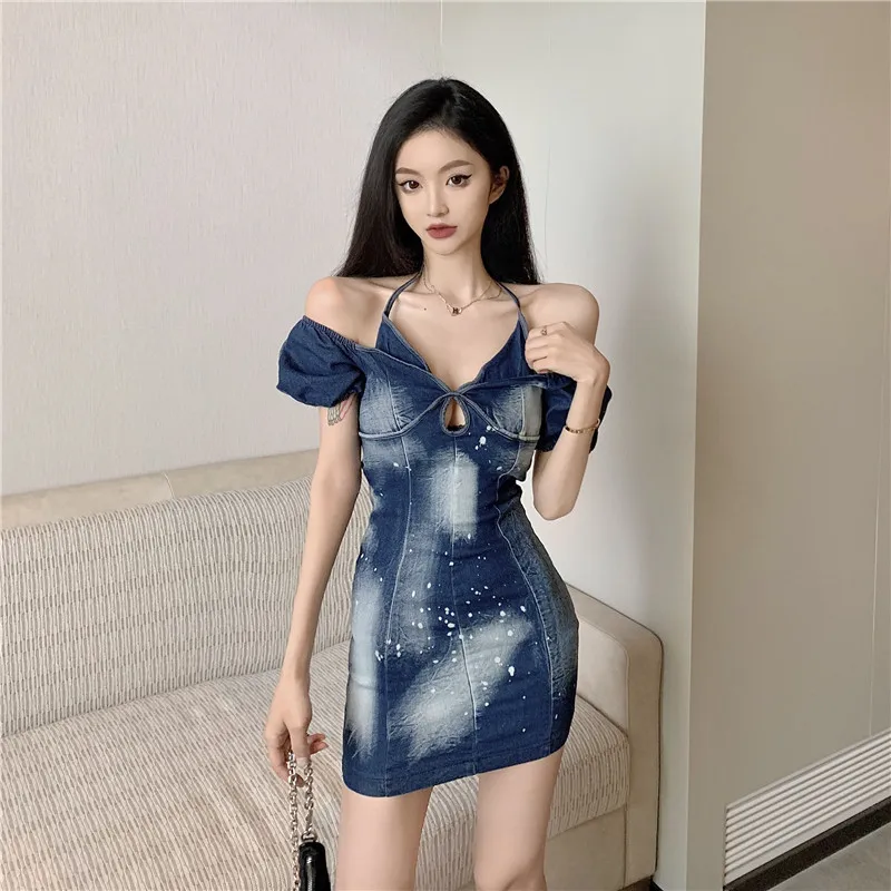 

Summer New Style Sling Strapless Tie-dye Denim Halterneck Design Dress