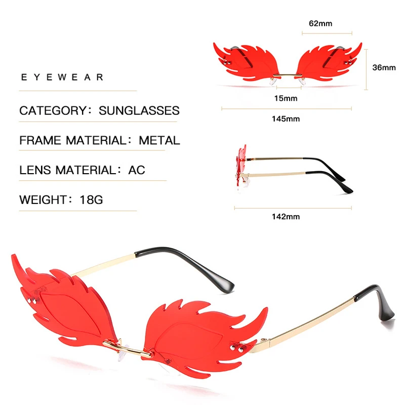 

seemfly Fashion Fire Sunglasses Flame Women Men Rimless Wave Sun Glasses Metal Frame Vintage Eyewear UV400 Decoration Glasses