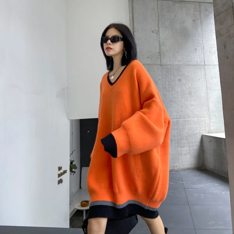 

SuperAen 2021 New Autumn Plus Size Loose Long Pullover Thickened V-neck Women Sweater Coat