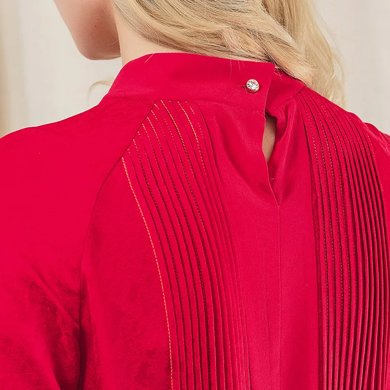 

VOA 22m/m Jacquard Silk Rose Dresses A10891 Half Turtleneck Raglan Symmetric Tucker Pleats Strap Waist A- Line Dress Summer 2021