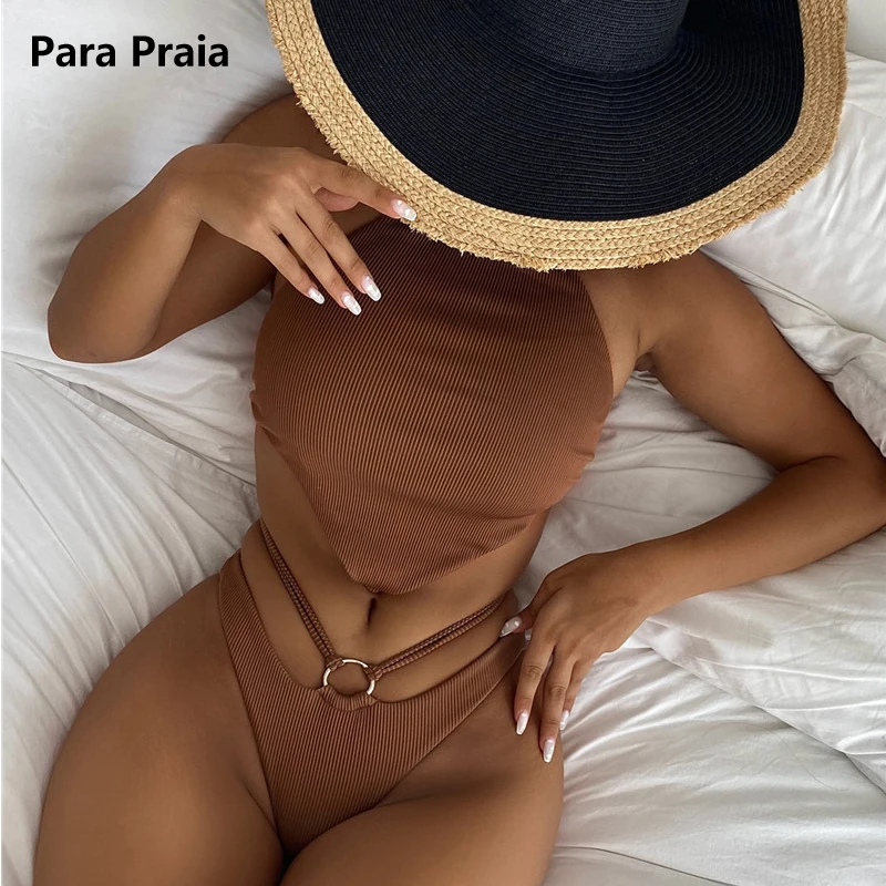 

Para Praia 2023 Sexy Halter Bikini Thong Swimsuit for Women Bandeau Swimwear Brazilian Bikini Bandage Ring Bathing Suit Women