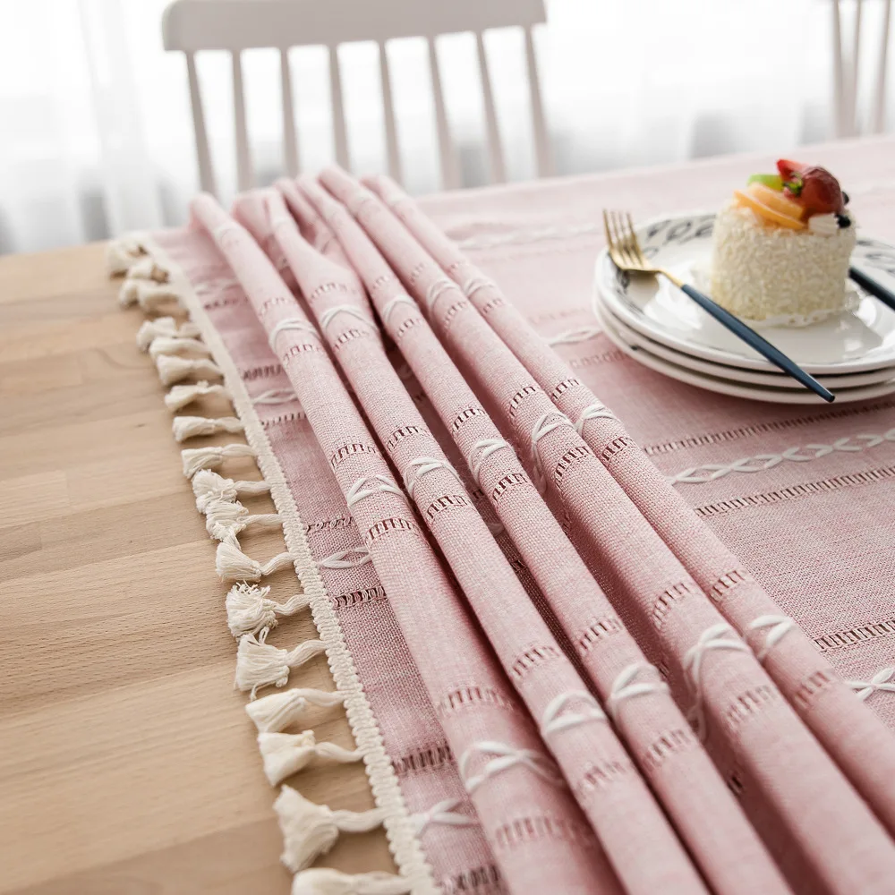 

Wedding Party Decoration Simple Stripes Party Tassel Cotton Linen Tablecloth Home Textile Rectangle Dining Table Cover
