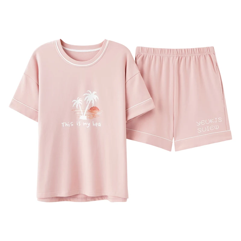 

Summer Casual And Soft Couples Home Wear Suit Pure Cotton Loose Cute Coconut Sunset Print Round Neck Ladies Princess Sleepwear