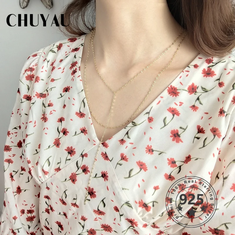 Chuyau 925 Серебряное золотое ожерелье с цепочкой модное Двухслойное двухкруглое