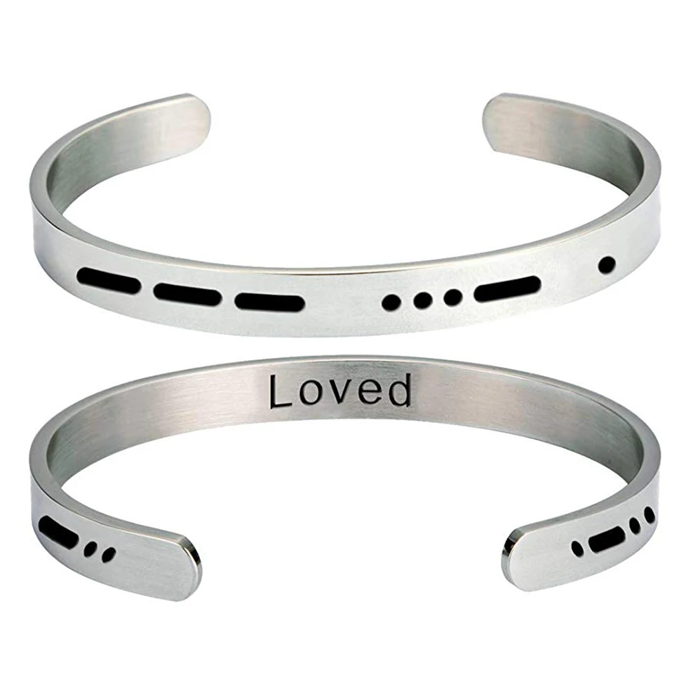 

Stainless Steel Morse Code Series Open Cuff Bangles Bracelets Silver Color Message Word Carved Charms Pattern For Men Gift, 1 PC