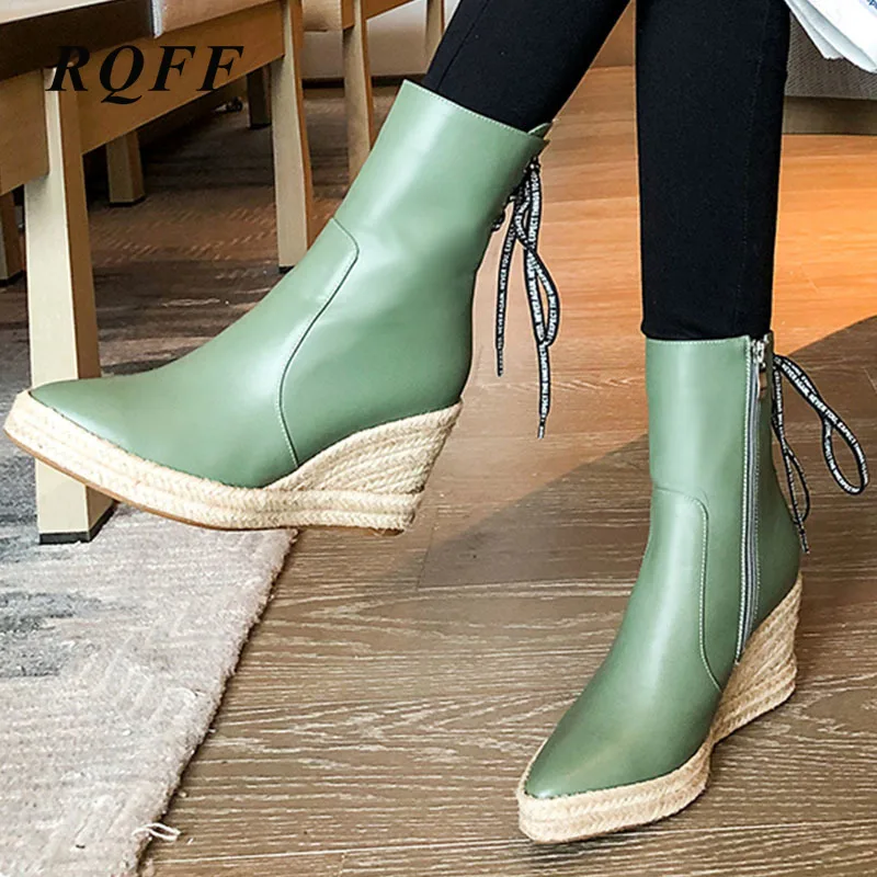 Женские ботильоны на платформе черные бежевые зеленые ботинки высокой танкетке