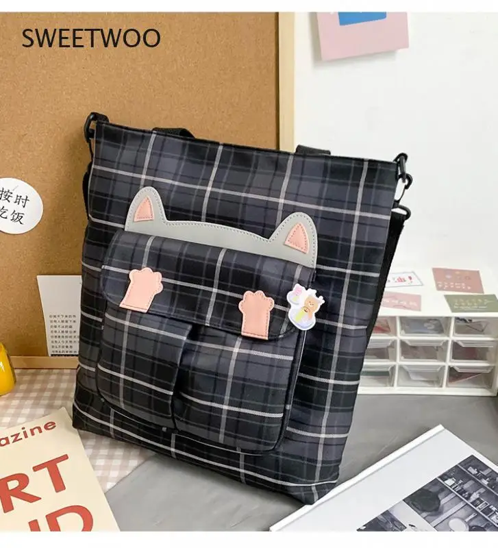 Plaid ladies shoulder bag soft cloth fabric handbag large capacity cotton bow canvas bag beautiful girl