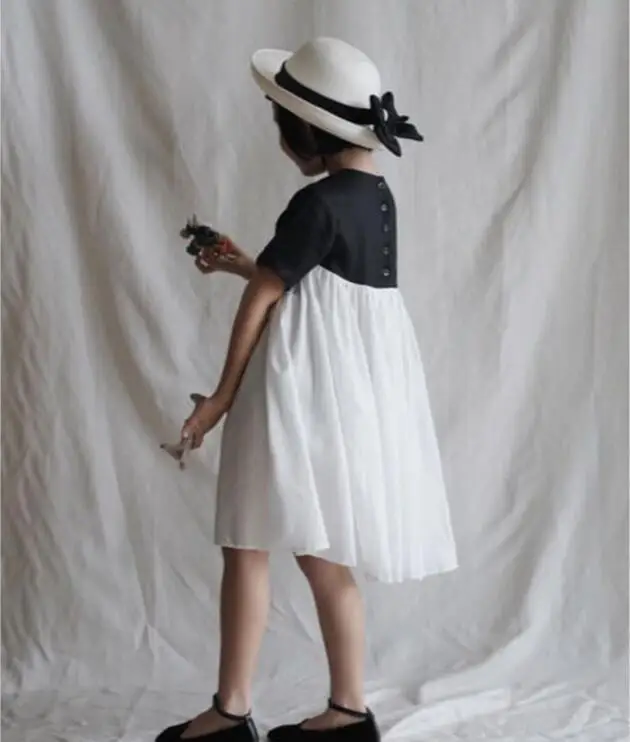 

Summer Infants Short Sleeve Dress Girls Black And White Contrast Ruffles Princess Dresses Toddler Kids Cotton And Linen Dress