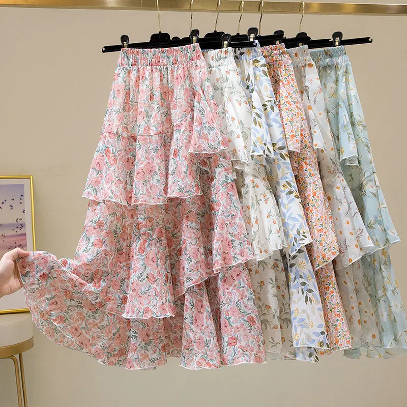 

Summer Woman Skirts Casual Style Floral Chiffon A Line Skirt 2021 New Woman Chiffon Cake Skirt Irregular Ruffled Midi Skirts