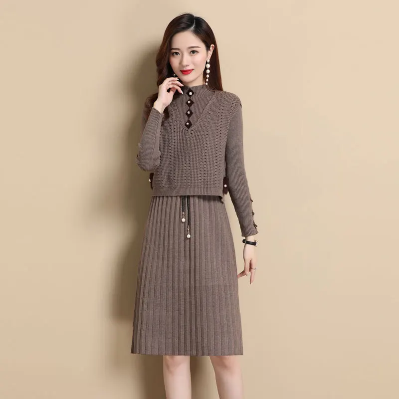 

#1021 Sweater Dress Women Long Sleeved O Neck Buttons Two Piece Set Pleated Knitted Dresses Women Slim Drawstring Waist Autumn