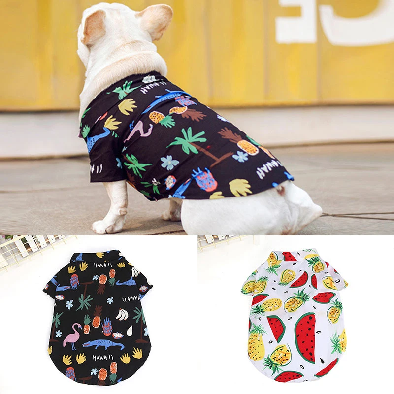 

2021 Summer Hawaii Dog T-shirt Cartoon Flamingo Print Small Dogs Pet Clothes Short Sleeve Cute Dog Shirt V Neck Dog Clothes