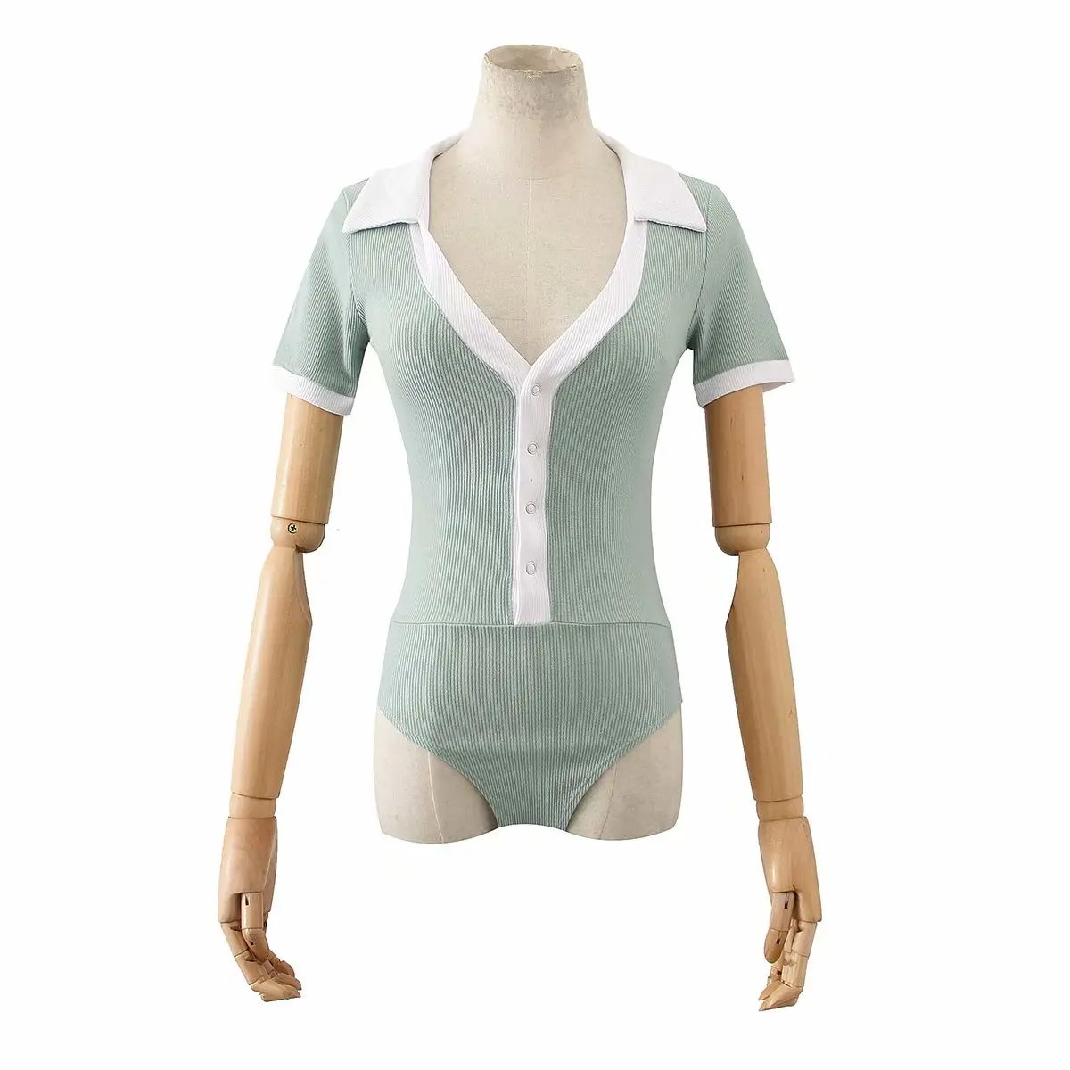 

Casual Knitted Women Summer Playsuit Lapel Collar Slim Sexy Bodysuit Office Blue T-Shirt Simple Pullover Top Female