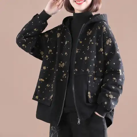 Женская свободная куртка на молнии, повседневная хлопковая куртка с капюшоном и длинным рукавом, модель V419 в декоративном стиле, весна-осен...