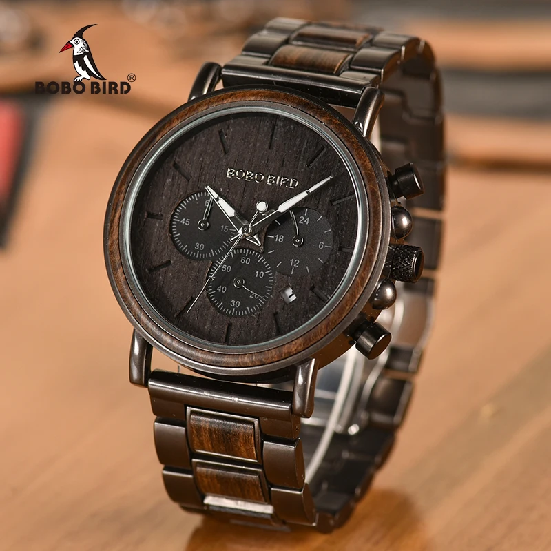 BOBO BIRD деревянные часы для мужчин Секундомер Хронограф relojes hombre Показать дату деревянные кварцевые наручные часы Мужские часы в подарочной коробке