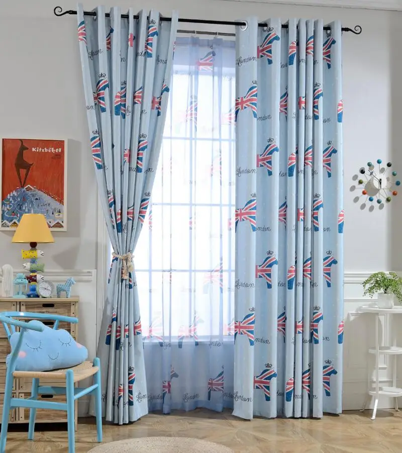 Занавеска для спальни мальчиков с изображением лошадей голубая ткань гостиной