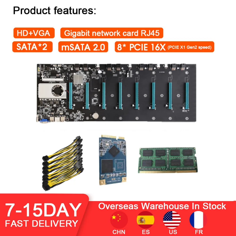 

Riserless Mining Motherboard 8 GPU Bitcoin Crypto Etherum Mining Set with 4GB DDR3 1600MHz RAM 1037U 128GB mSATA SSD Power Cable