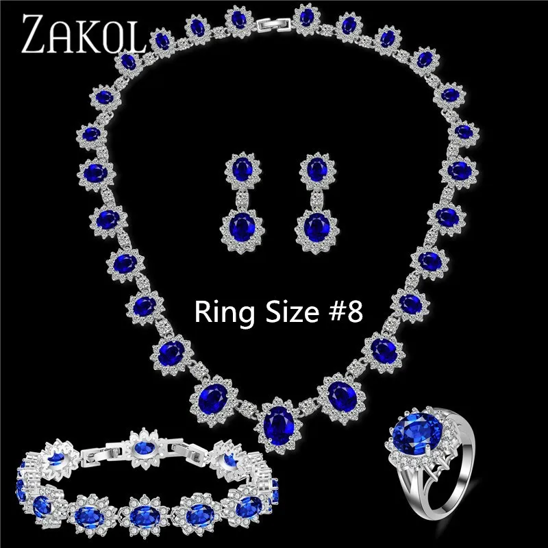 Full Set Size 8 Изысканный Овальный набор ювелирных изделий ZAKOL из голубого циркония с микро инкрустацией с роскошным белым цветом для подружки невесты ювелирные изделия FSSP018 - Окраска металла: Full Set Size 8