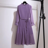 women floral chiffon dresses with lining autumn long sleeve female ruffle collar pleated dress plus size