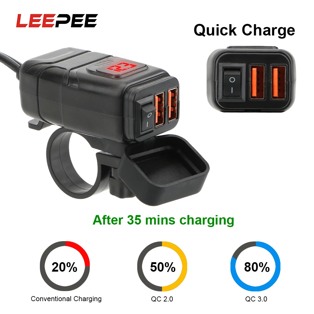 Быстрое зарядное устройство LEEPEE для мотоцикла QC 3 0 с двумя USB портами и