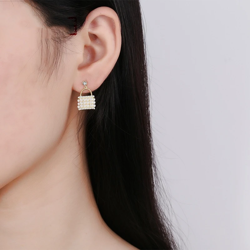 

Real 925 sterling silver bag earrings for women New Korean vintage pearl Drop earring French dangle earings 2020 Fashion Jewelry