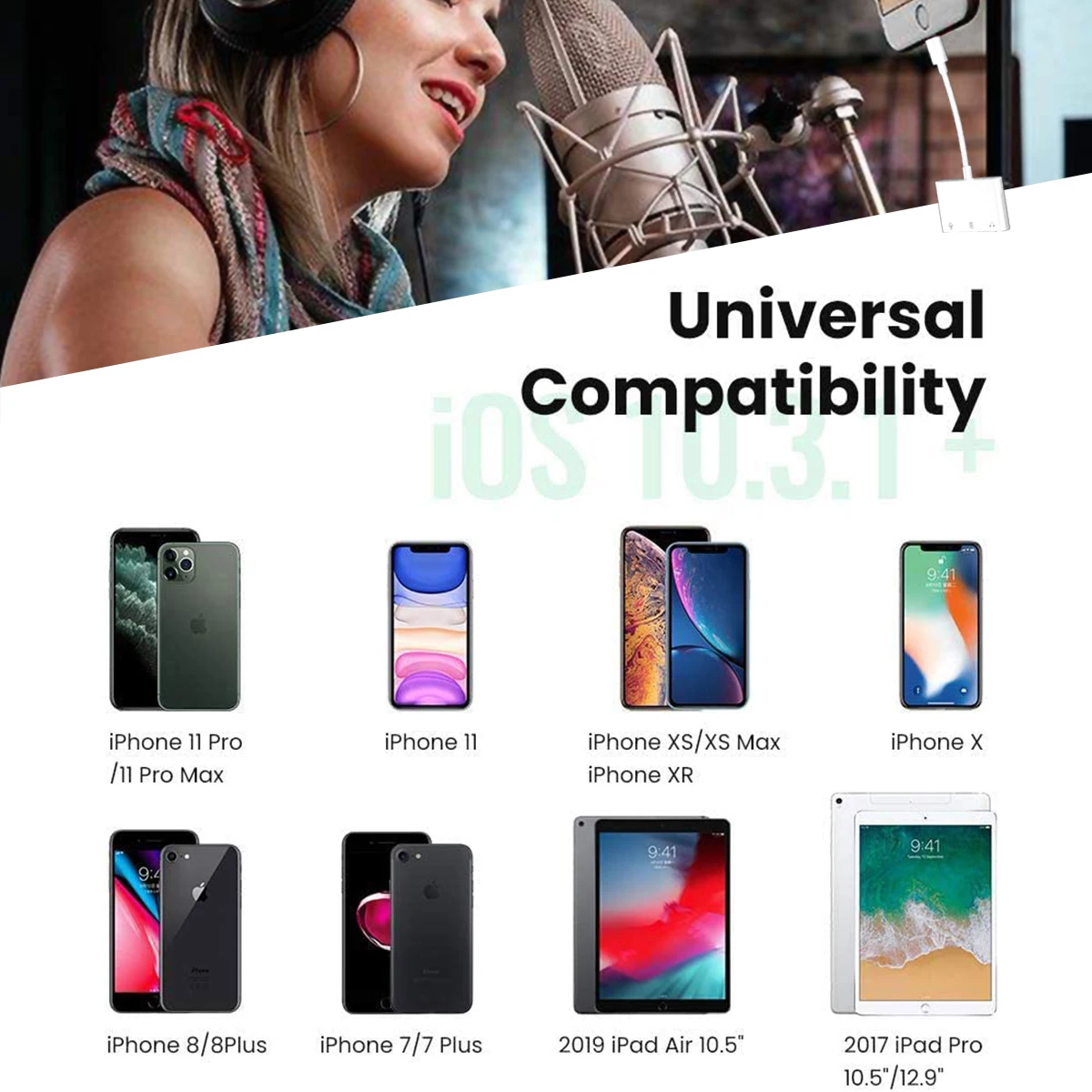 

3 in 1 For Lightning to Microphone Audio Adapter Support Dual 3.5mm Headphones Jack Audio In and Out No Need APP For iPhone
