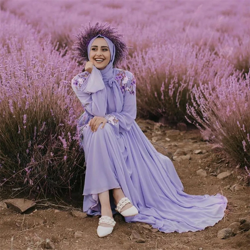 Женское фиолетовое мусульманское платье с цветочным принтом Пляжное