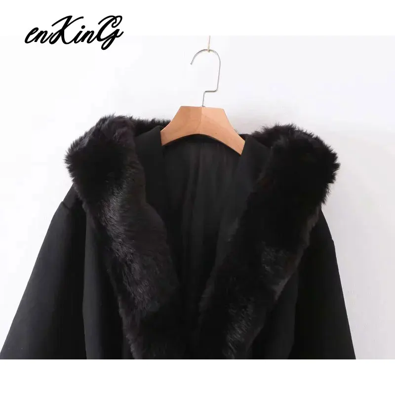winter long za coat women england style vintage Wool collar splicing hooded oversize sashes thick woolen overcoat women